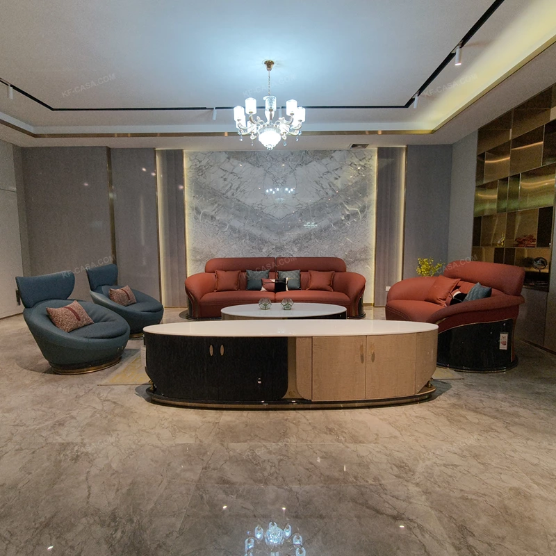 Curved Terracotta Leather Sofa and Blue Accent Chair Set with High-Gloss Wood Details